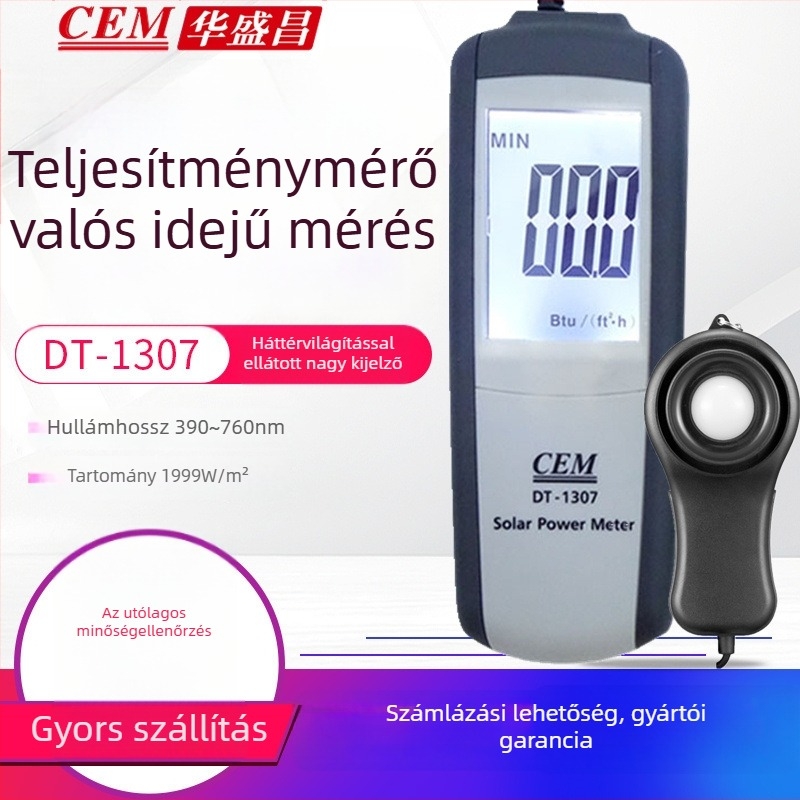 Ultraviola fényintenzitás mérő DT-1307 — UV fényintenzitás mérés, tartomány 1999 W/m²; felbontás 1 W/m²; mintavételezés ~0,25 s; pontosság ±10 W/m² (±0,38 W/m²/°C)