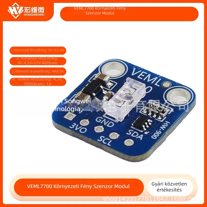 VEML7700 Környezeti fény szenzor modul, 16‑bit I2C interfész, Luxmetre modul, Hongweiwei, Tápellátás 6,3–50V