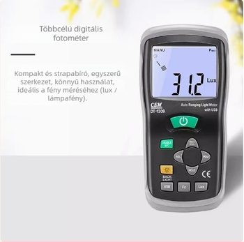 DT-1309 Többfunkciós fotométer a megvilágítás mérésére USB adatkapcsolattal, 400 000 lux