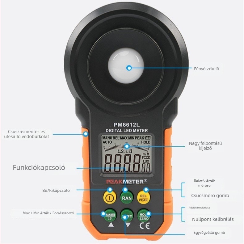 Digitális hordozható luxmérő, nagy pontosságú, digitális kijelzővel, tűzvizsgálatokhoz és felügyelethez