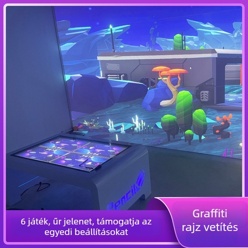 Interaktív fal- és padlóprojekció gyermekeknek – rajzprojekció a tudományos és technológiai múzeumban, többfelhasználós holografikus projekció, felbontás 1024x768, fényerő 3300 lm, objektív 0.8, teljesítmény 350W, feszültség 220V