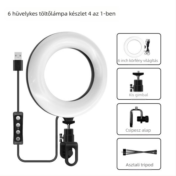 Hordozható gyűrűvilágítás videokonferenciákhoz, USB-s táplálás, 5W LED, RGB, 3000–6000K, fényerő szabályozás, 1/4 hüvelykes rögzítés.