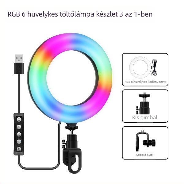 Hordozható gyűrűvilágítás videokonferenciákhoz, USB-s táplálás, 5W LED, RGB, 3000–6000K, fényerő szabályozás, 1/4 hüvelykes rögzítés.