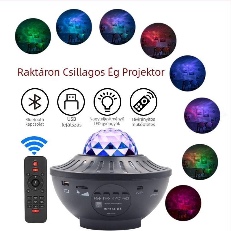 Csillagos ég projektor Bluetooth hangszóróval, távirányító, USB táplálás, alkalmazás-vezérlés — asztali éjjeli fény