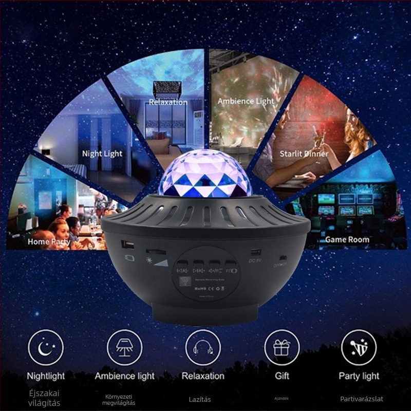 Csillagos ég projektor Bluetooth hangszóróval, távirányító, USB táplálás, alkalmazás-vezérlés — asztali éjjeli fény