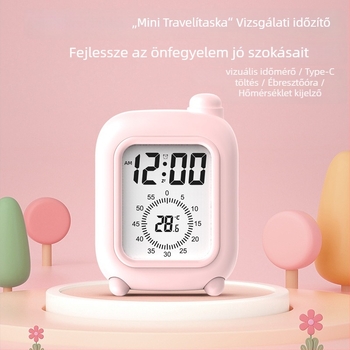 Mini case-stílusú vizuális időzítő gyerekeknek – LCD kijelző, idő/hőmérséklet/dátum, ébresztő, visszaszámlálás, 24 órás és heti kijelzés, külső tápegység