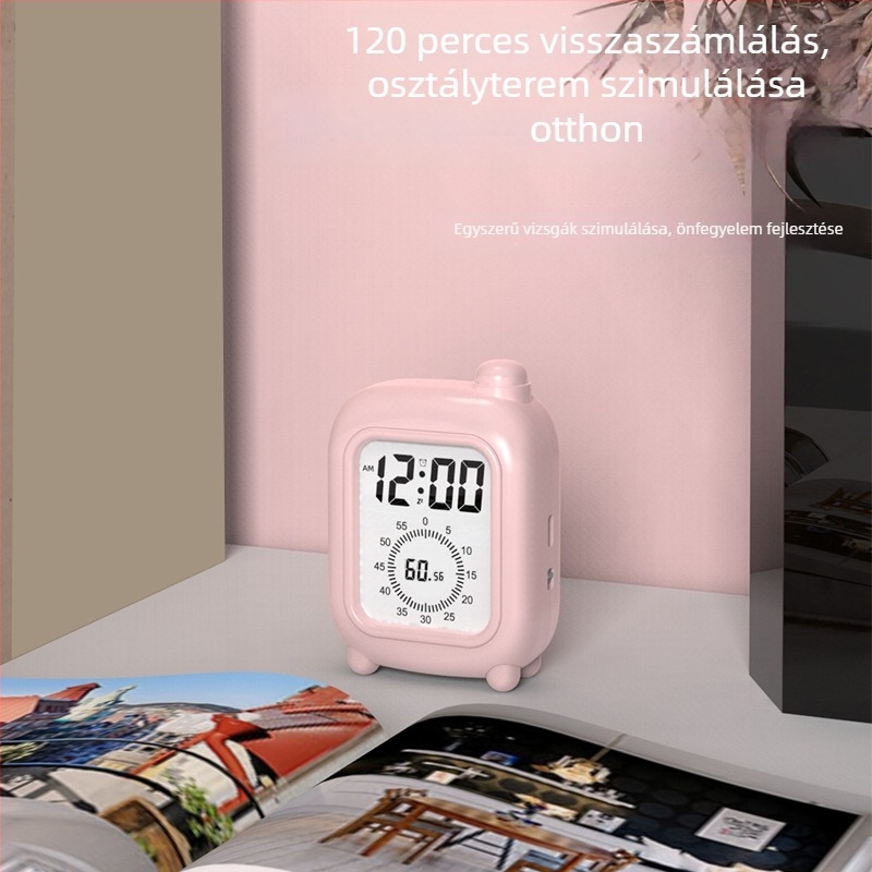 Mini case-stílusú vizuális időzítő gyerekeknek – LCD kijelző, idő/hőmérséklet/dátum, ébresztő, visszaszámlálás, 24 órás és heti kijelzés, külső tápegység