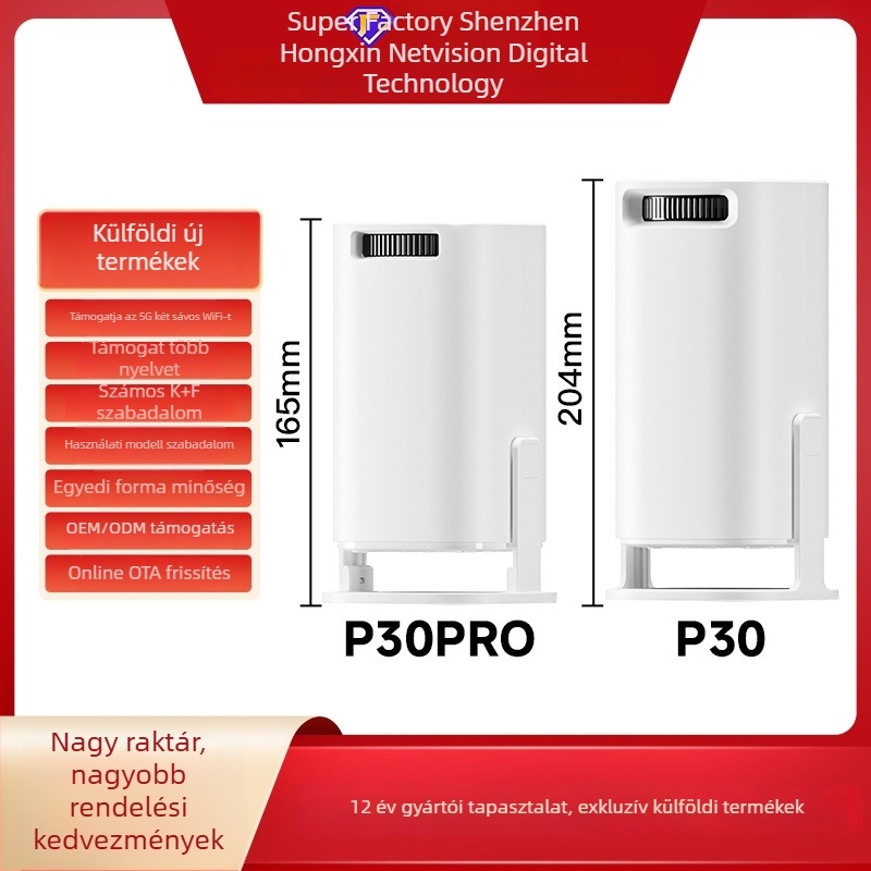 P30pro háztartási projektor Android 14-gyel, dupla Wi‑Fi rendszer, 720p felbontás, fényerő 150, Allwinner H723 chip