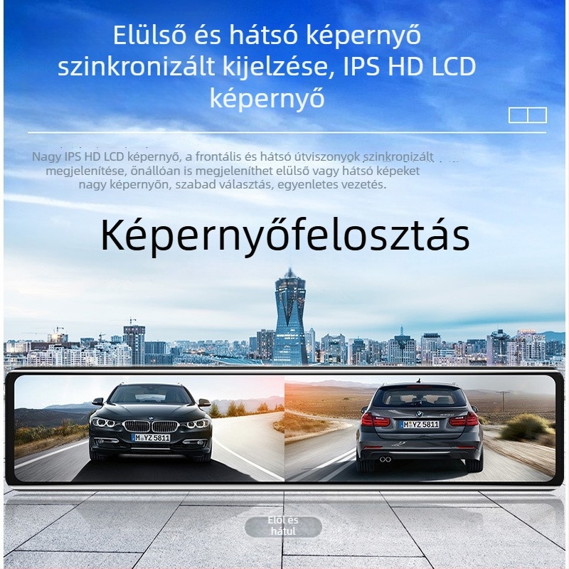 Palm 12 hüvelykes teljes képernyős autós dashcam, streaming, csillagfényes éjjellátás, tolatáskor teljes képernyős kijelző, körkörös felvétel, 1080p