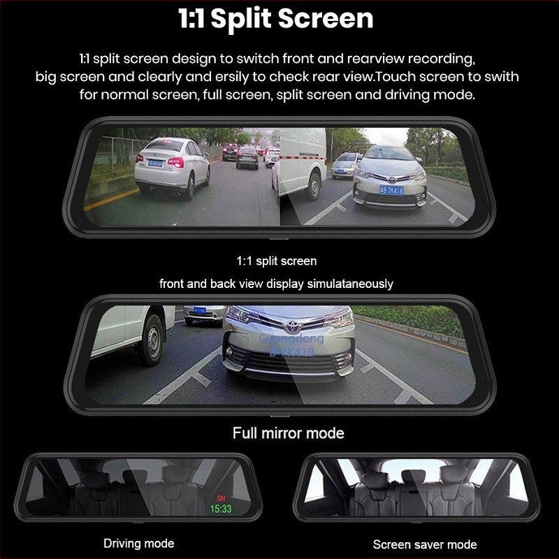 10 hüvelykes visszapillantó tükröbe épített autós dash cam, két lencsével elöl és hátul, 1080p HD felvétel, 170° látószög, hurokfelvétel és parkolás figyelése