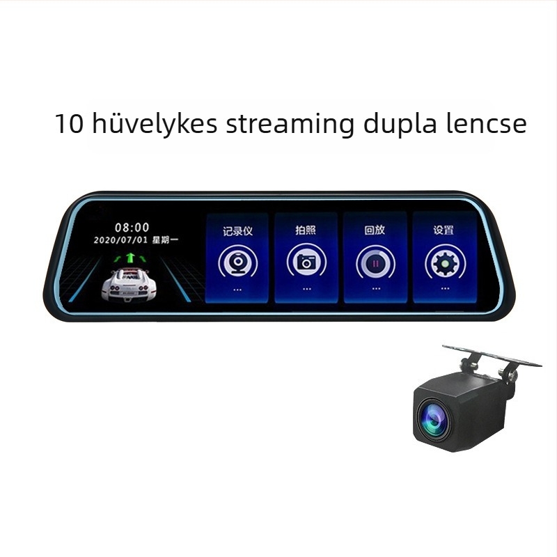 10 hüvelykes visszapillantó tükröbe épített autós dash cam, két lencsével elöl és hátul, 1080p HD felvétel, 170° látószög, hurokfelvétel és parkolás figyelése