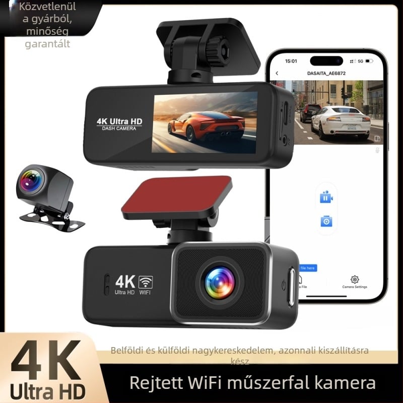 4K első és hátsó dupla kamerás autós dash cam Wi‑Fi-vel, éjszakai látás, 24 órás parkolásfigyelés, GPS, hátrafelé néző kép