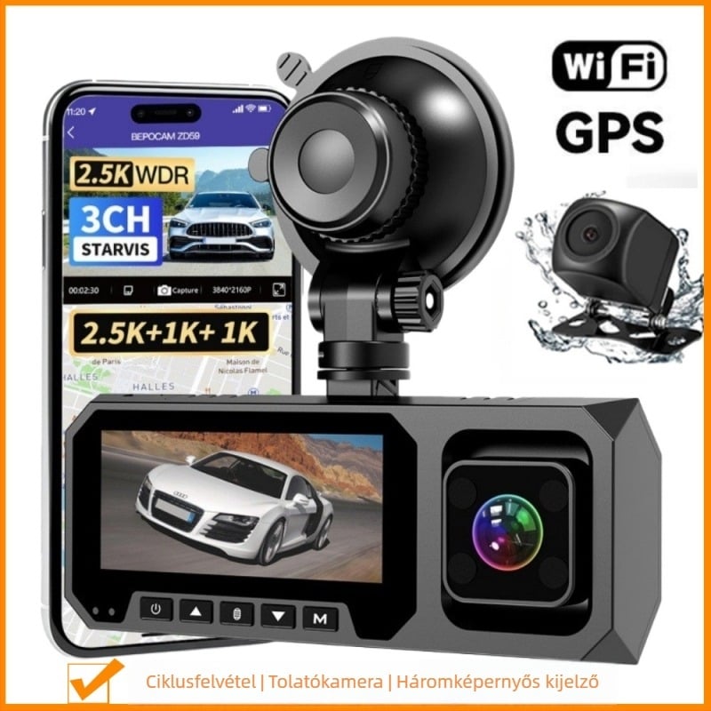 4K autós kamera háromlencsés, infravörös éjszakai látás, Wi‑Fi, 256GB memória, kapacitív parkolásfigyelés és GPS