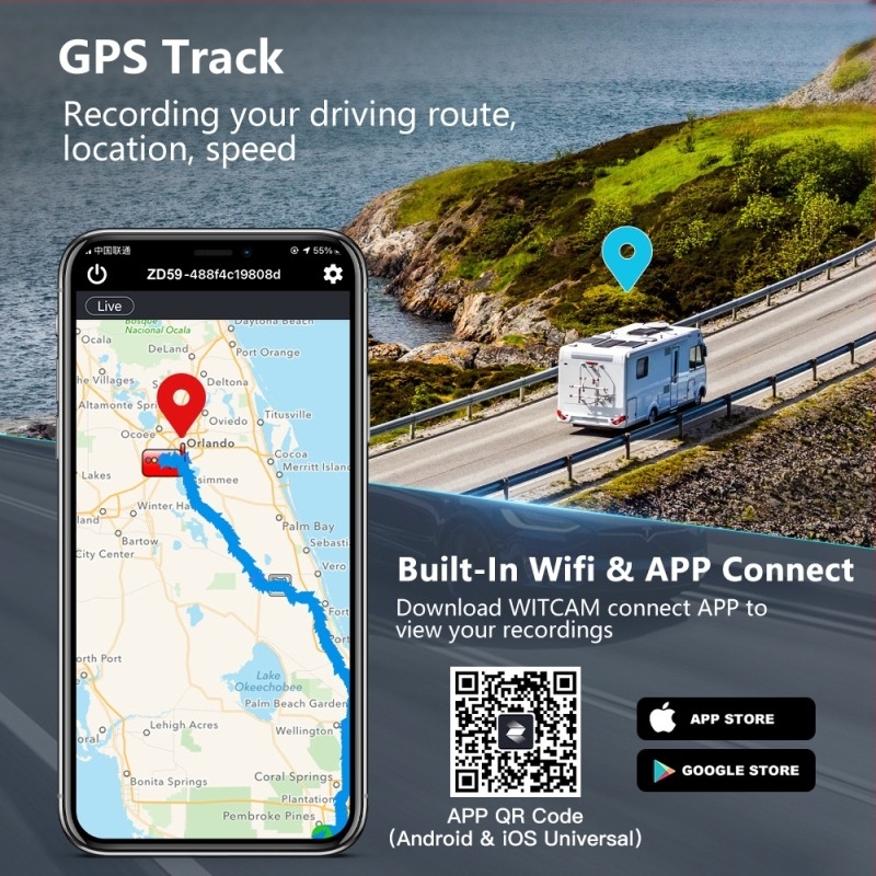 4K autós kamera háromlencsés, infravörös éjszakai látás, Wi‑Fi, 256GB memória, kapacitív parkolásfigyelés és GPS