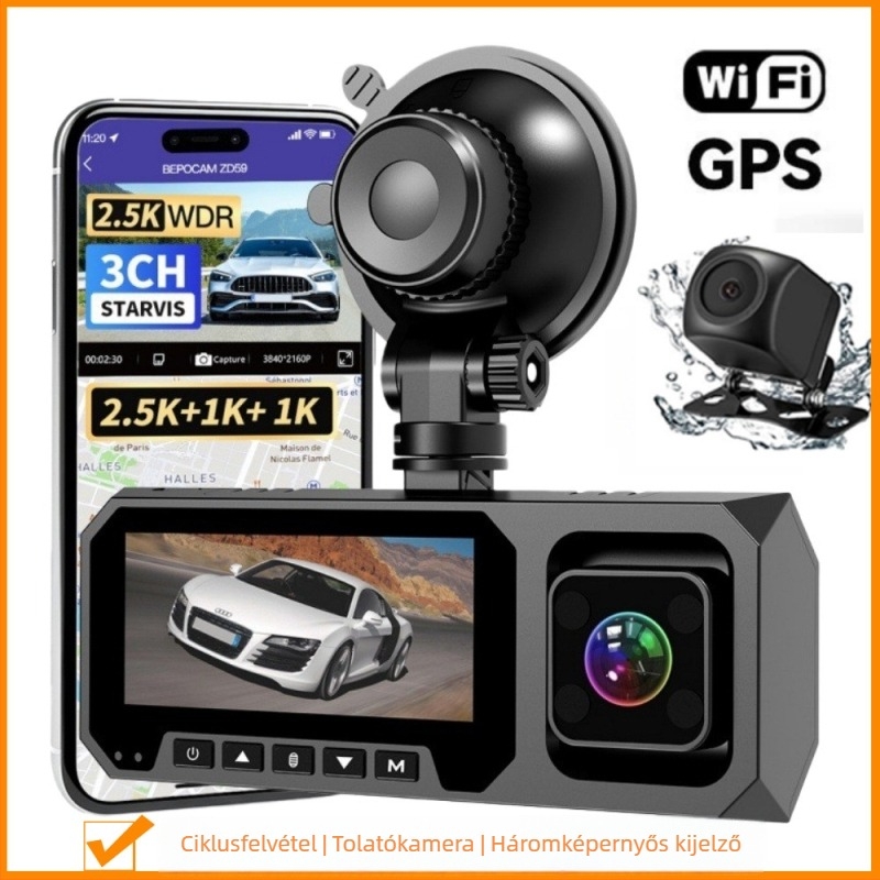4K autós kamera háromlencsés, infravörös éjszakai látás, Wi‑Fi, 256GB memória, kapacitív parkolásfigyelés és GPS