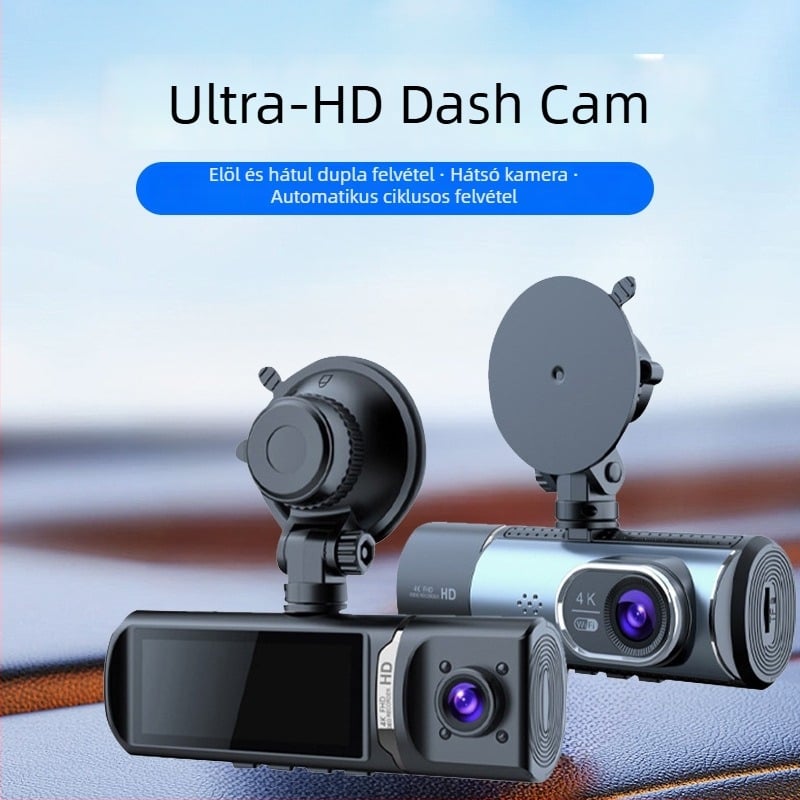 Éjszakai látású autós DVR elöl és hátul dupla kamerával, 4K+, 170° látószög, Wi‑Fi