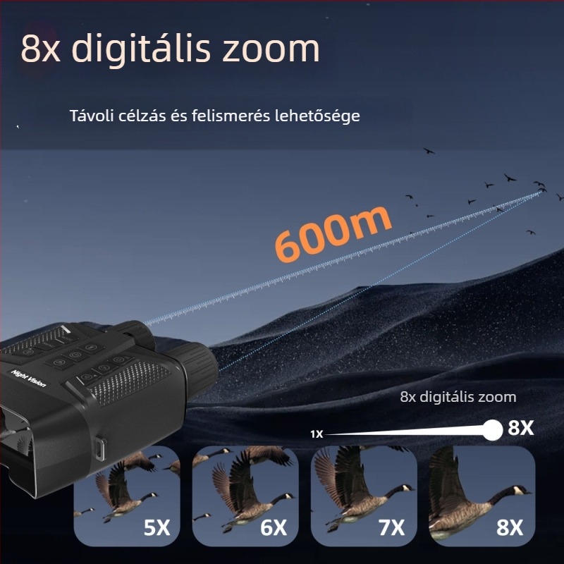 Infravörös éjjellátó binokulár, 5x optikai nagyítás, 8x digitális zoom, 42 mm objektív, kb. 600 m látótávolság, 852 g tömeg