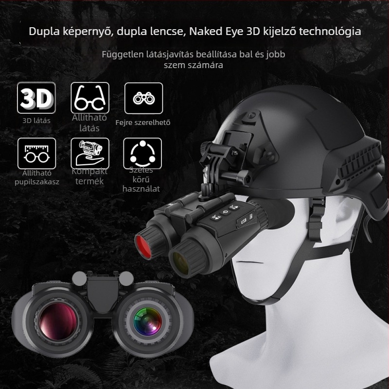 Fejre szerelt infravörös éjjellátó binokulár, 8x digitális zoom, 25 mm objektív, 1.4" kettős kijelző, 2600 mAh akkumulátor