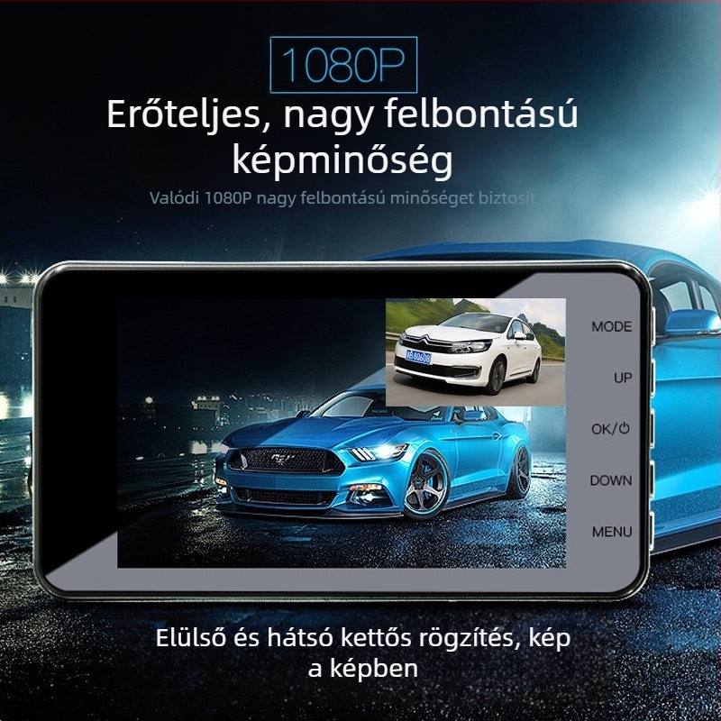 4 hüvelykes fém házú A10-es kettős lencsés autós dash cam, nagy kijelző, elő- és hátsó felvétel, éjszakai felvétel 1080p, tolató kép, verzió V2