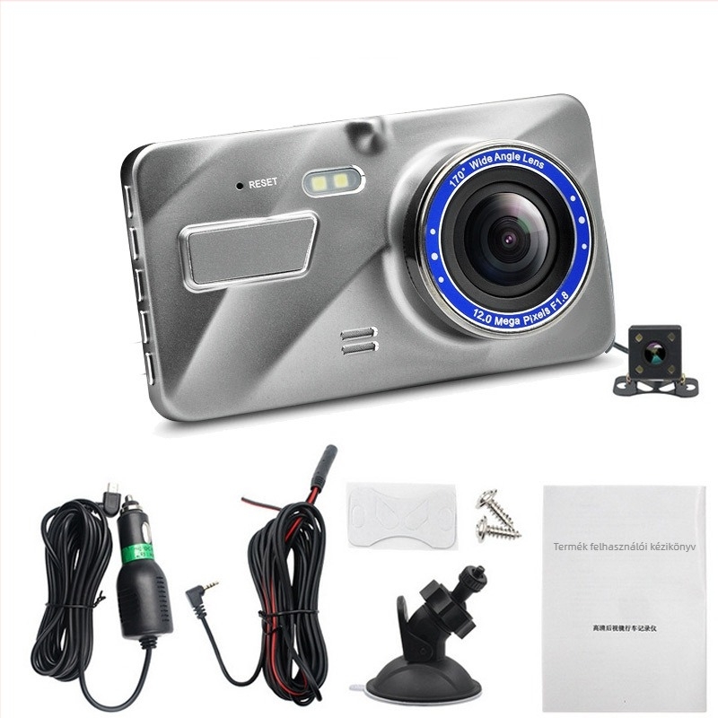 4 hüvelykes fém házú A10-es kettős lencsés autós dash cam, nagy kijelző, elő- és hátsó felvétel, éjszakai felvétel 1080p, tolató kép, verzió V2
