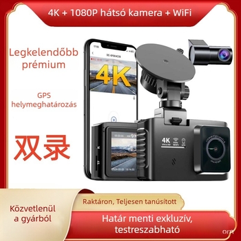 4K kétkamerás autós dash cam éjszakai látással, Wi‑Fi, okostelefon-kapcsolat és parkolásfigyelés