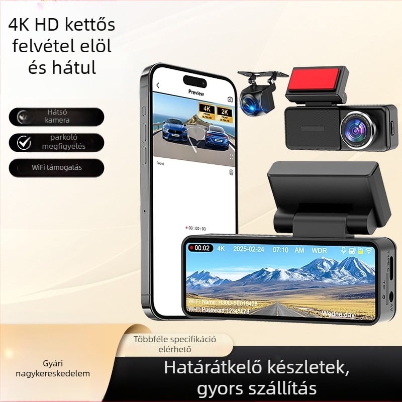 Elöl-hátul duál autós regisztrátor - 4K felbontás, Wi-Fi, éjjellátás, 170° látószög