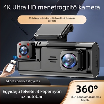 Háromkamerás autós DVR közös kijelzővel, 360° panorámás videó, 4K Ultra HD, infravörös éjszakai látás