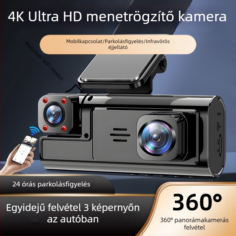 Háromkamerás autós DVR közös kijelzővel, 360° panorámás videó, 4K Ultra HD, infravörös éjszakai látás