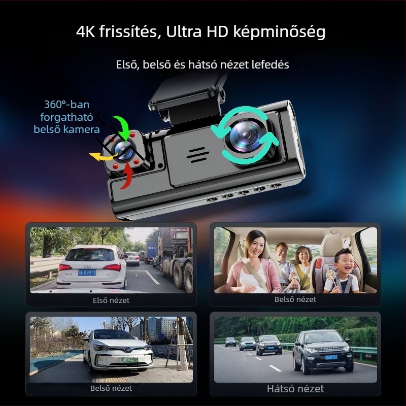 Háromkamerás autós DVR közös kijelzővel, 360° panorámás videó, 4K Ultra HD, infravörös éjszakai látás