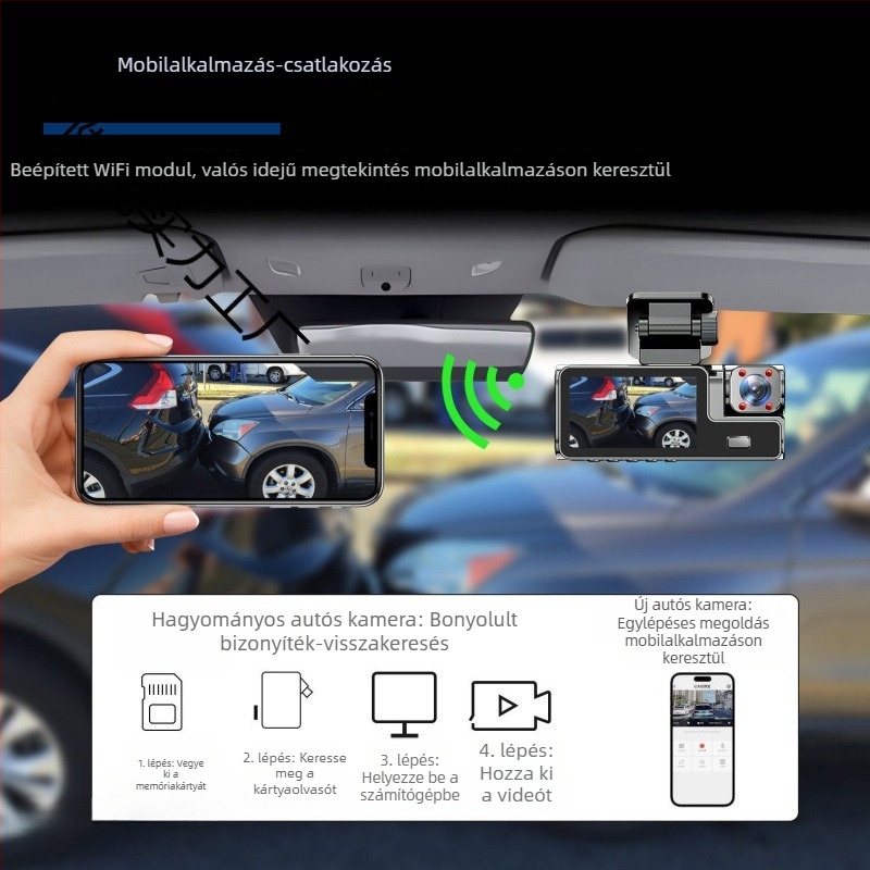 Háromkamerás autós DVR közös kijelzővel, 360° panorámás videó, 4K Ultra HD, infravörös éjszakai látás