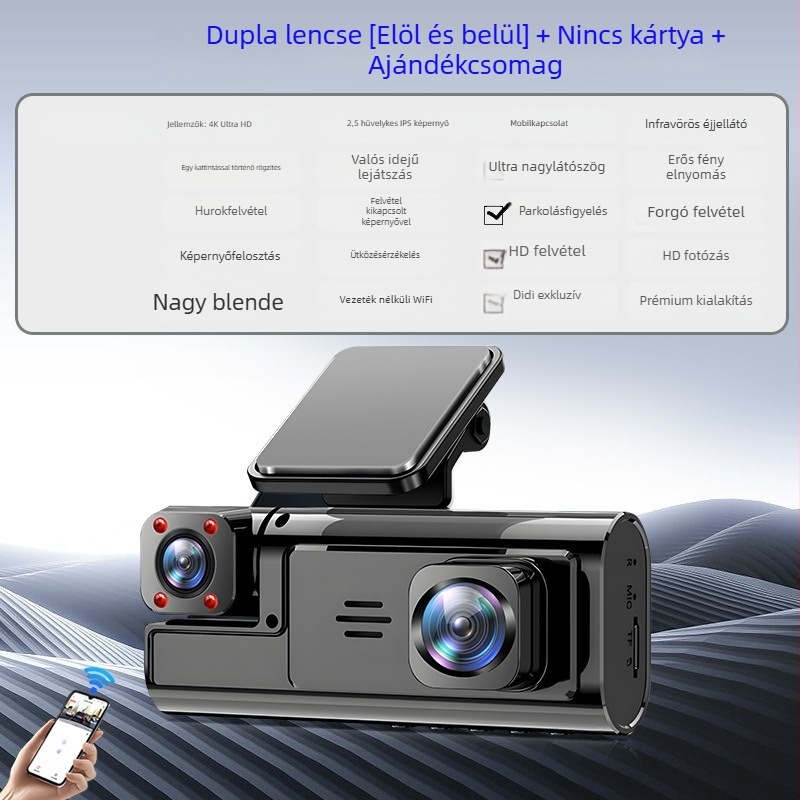 Háromkamerás autós DVR közös kijelzővel, 360° panorámás videó, 4K Ultra HD, infravörös éjszakai látás