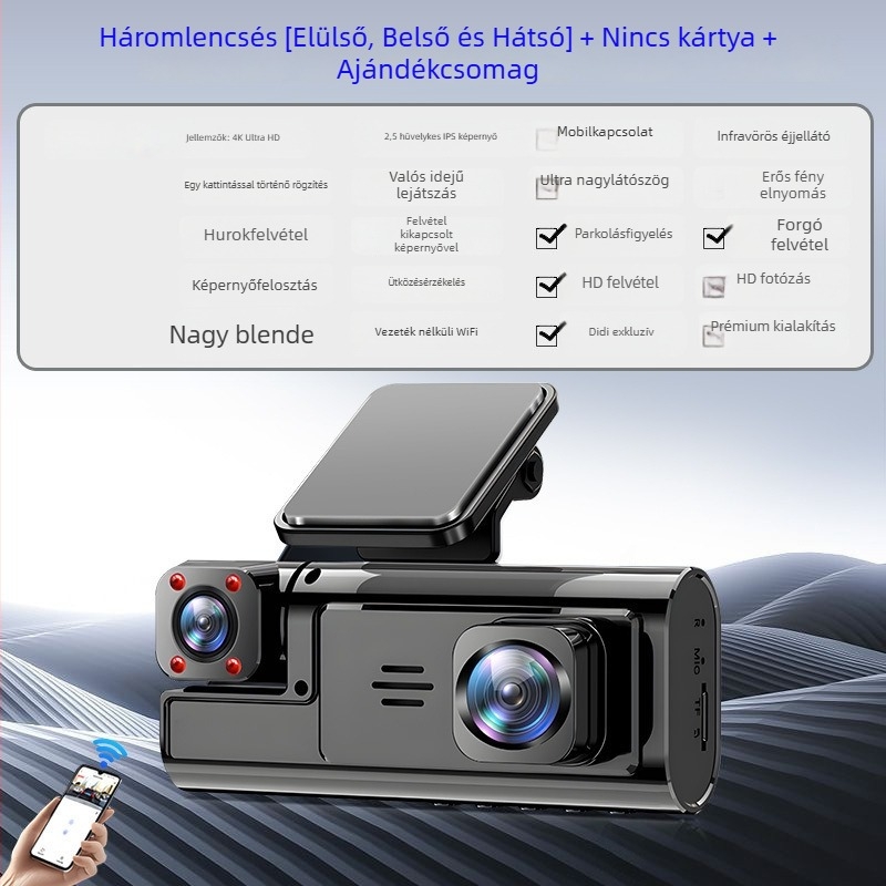 Háromkamerás autós DVR közös kijelzővel, 360° panorámás videó, 4K Ultra HD, infravörös éjszakai látás