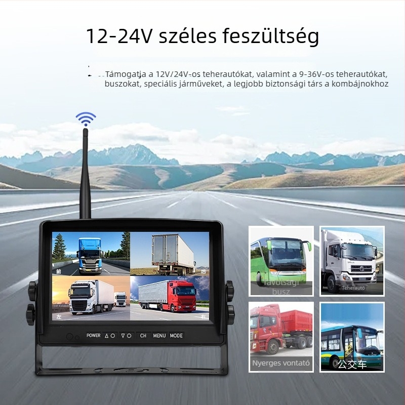 7 hüvelykes vezeték nélküli teherautó monitor, egyetlen antenna, 1/2/4 csatorna, 12–24V, HD éjszakai látás vezetéshez, DVR és tolató kamera