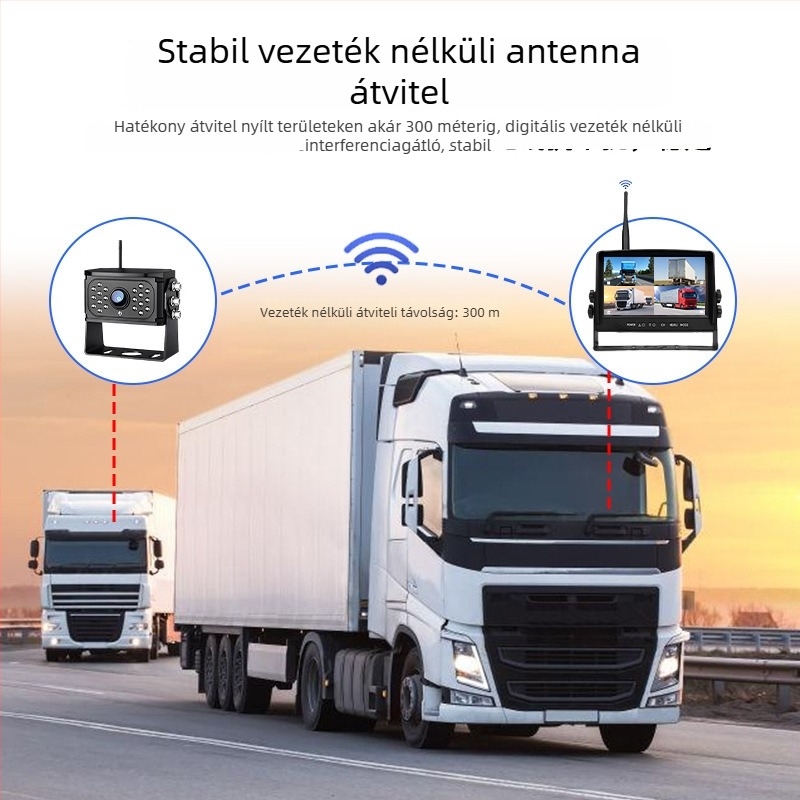 7 hüvelykes vezeték nélküli teherautó monitor, egyetlen antenna, 1/2/4 csatorna, 12–24V, HD éjszakai látás vezetéshez, DVR és tolató kamera