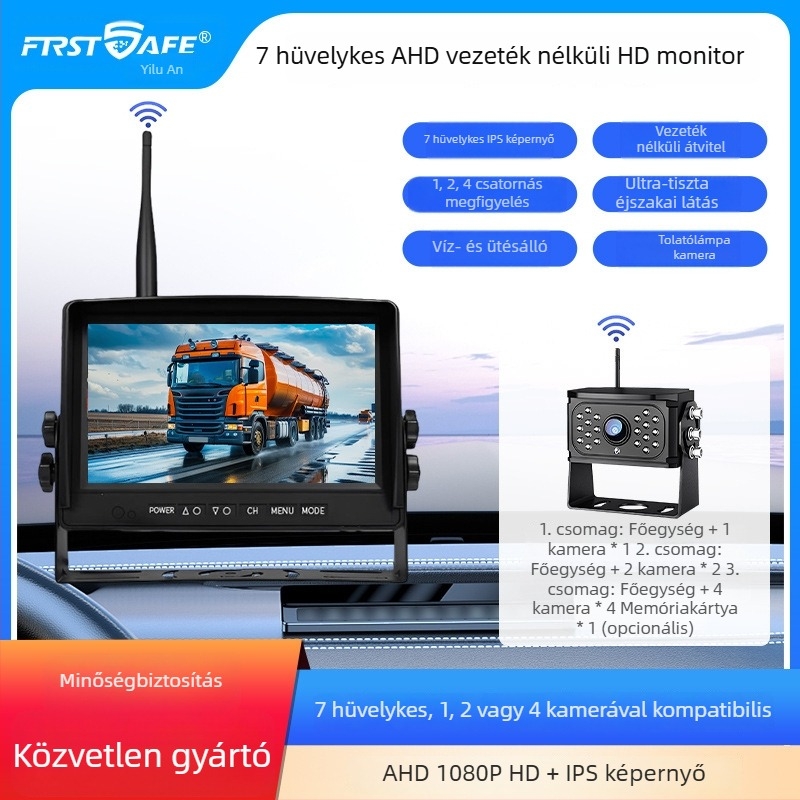 7 hüvelykes vezeték nélküli teherautó monitor, egyetlen antenna, 1/2/4 csatorna, 12–24V, HD éjszakai látás vezetéshez, DVR és tolató kamera