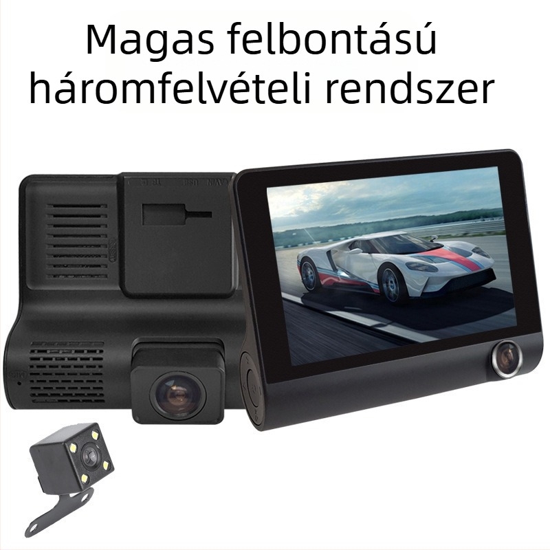 Háromobjektív autós DVR éjszakai látással, 1080p, 140° széles látószög, 4,0 hüvelykes kijelző
