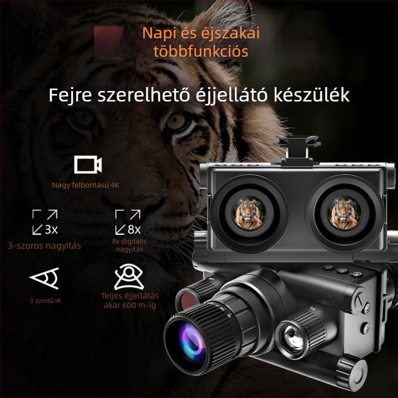 Fejre rögzíthető infravörös éjjellátó eszköz, 3x optikai nagyítás és 8x digitális zoom, 25 mm objektív, 600 m látótávolság, 375 g tömeg