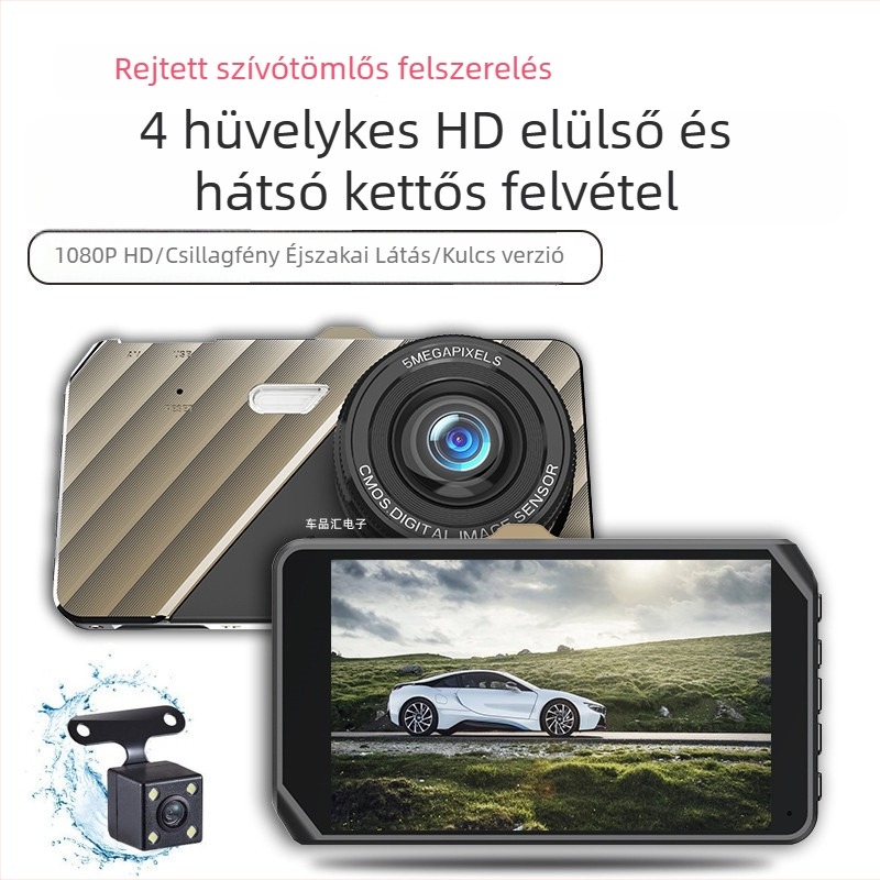 4 hüvelykes autós dash kamera – elő- és hátsó kettős felvétellel, 1080p, 140° széles látószög, parkolásfigyelés és éjszakai látás