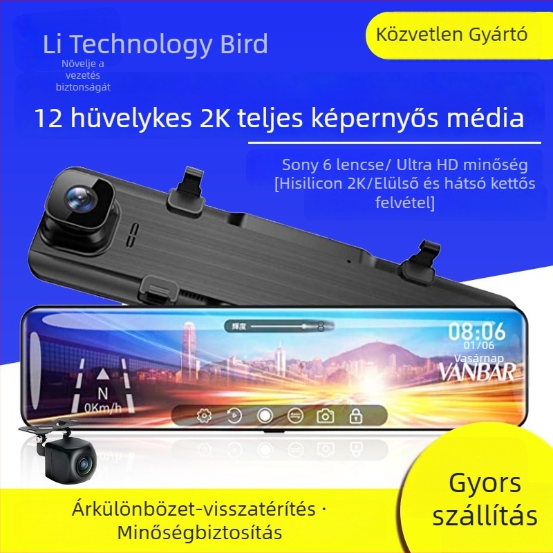 Új 12 hüvelykes autó kamera tükrös kijelzővel, 2K HD éjszakai látás, elől és hátul kettős kamera