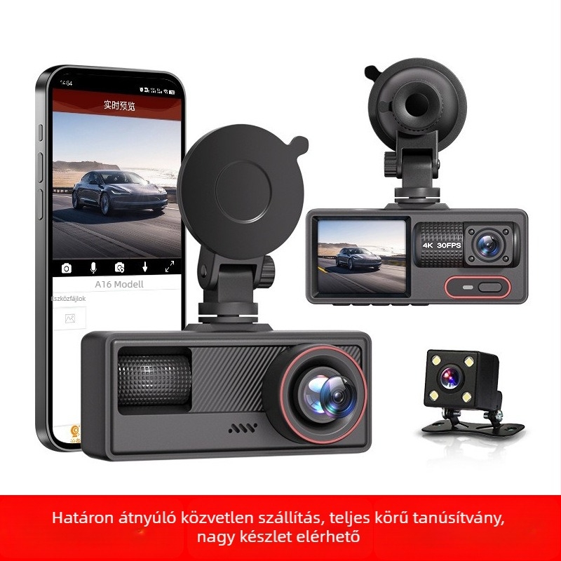 Háromlencsés széles látószögű autó DVR, 1080p, 170°, WiFi, éjszakai látás, ciklikus felvétel