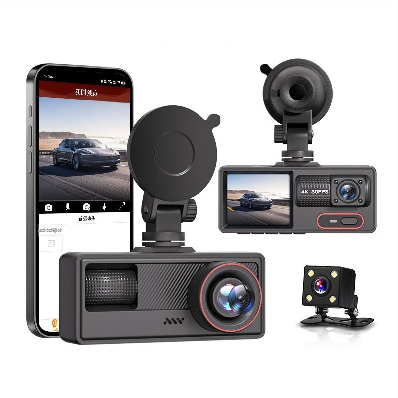 Háromlencsés széles látószögű autó DVR, 1080p, 170°, WiFi, éjszakai látás, ciklikus felvétel