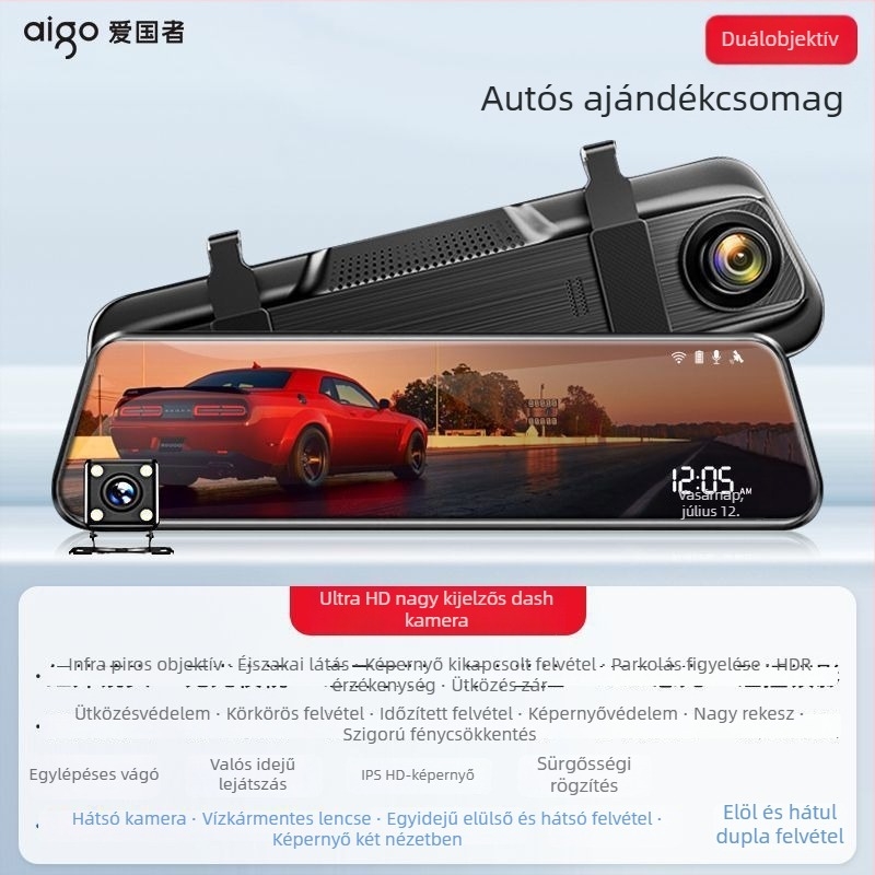 Patriot 2025 4K autós dashcam elöl-hátul, 5,5 hüvelykes érintőképernyő, 9MP
