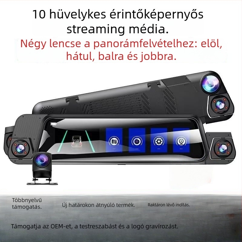 Négykamerás autós dash cam: előre, balra, jobbra és hátra kamera, Wi‑Fi, 9,66 hüvelykes teljes képernyő, 1080p éjszakai felvétel, vezetés közbeni felvétel