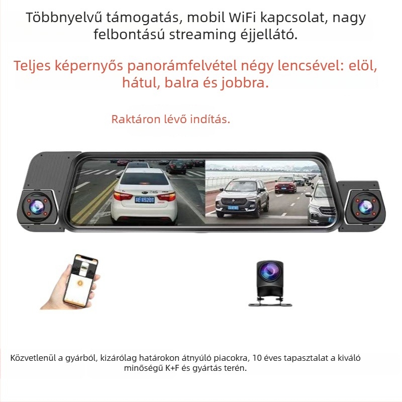 Négykamerás autós dash cam: előre, balra, jobbra és hátra kamera, Wi‑Fi, 9,66 hüvelykes teljes képernyő, 1080p éjszakai felvétel, vezetés közbeni felvétel