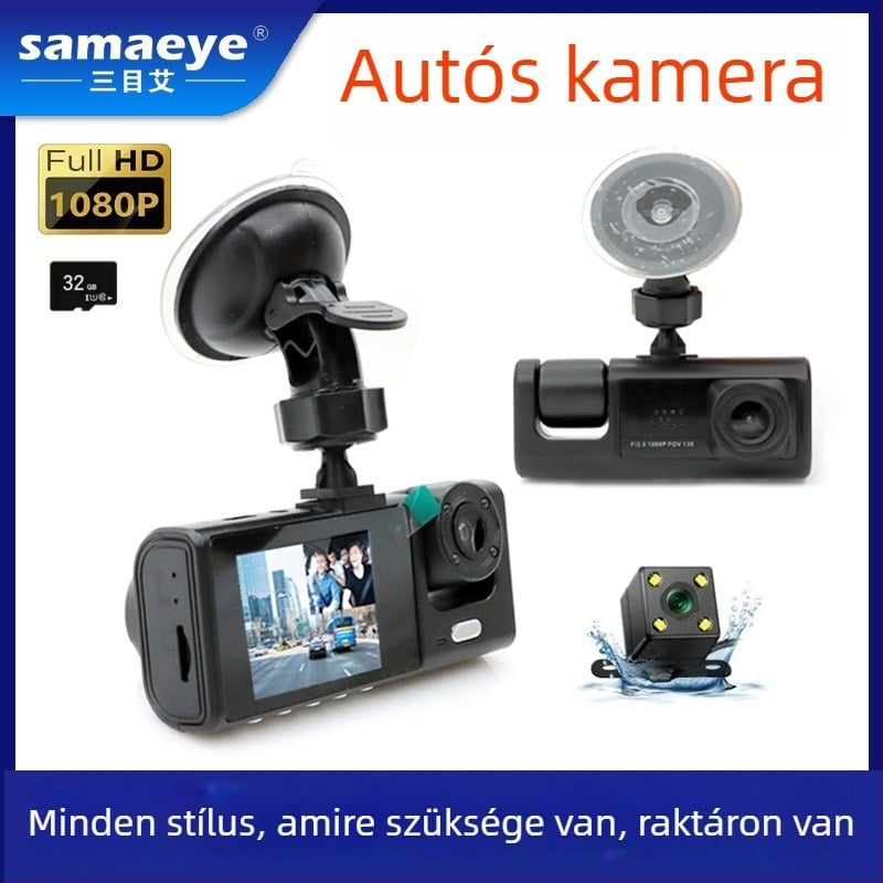 1080P éjjellátású háromlencsés autós DVR 2 colos kijelzővel és Wi‑Fivel