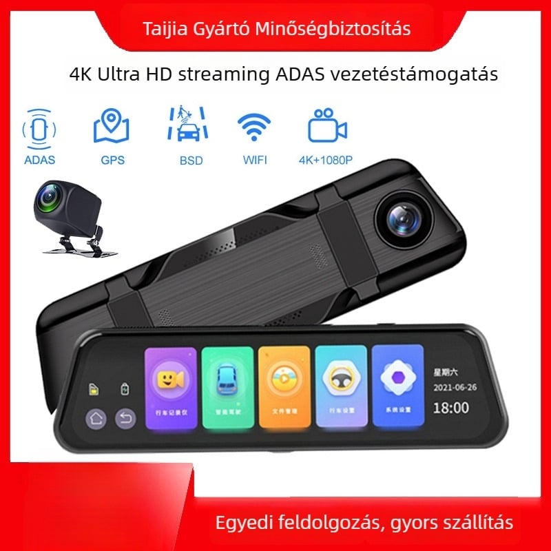 4K kettős felvételű tükrös autós kamera éjjeli látással, hangvezérléses ADAS és WiFi – elöl és hátul felvétel, 170° látószög