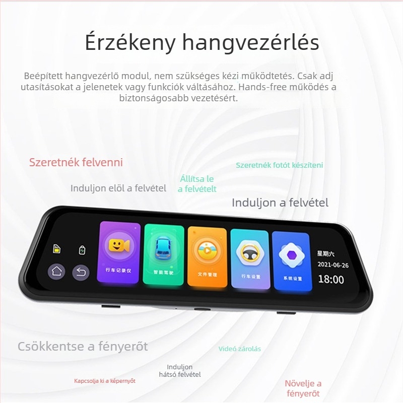 4K kettős felvételű tükrös autós kamera éjjeli látással, hangvezérléses ADAS és WiFi – elöl és hátul felvétel, 170° látószög