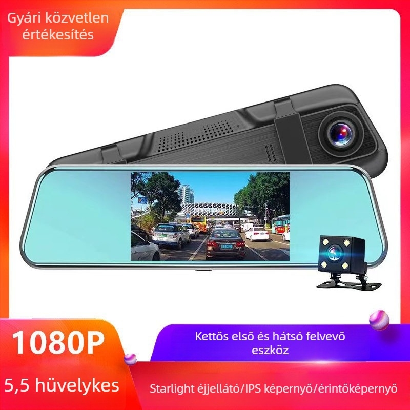 5,5 hüvelykes IPS érintőképernyős visszapillantó tükör dashcam, elő- és hátsó dupla objektívvel, éjszakai látás, hátrameneti kép