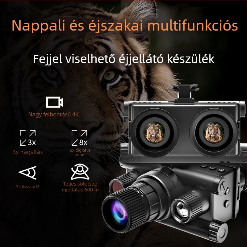 Fejre szerelhető éjszakai látás készülék, 4K HD, két kör alakú kijelzővel, kültéri használatra, infravörös éjszakai látás