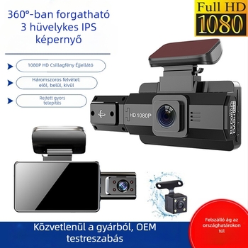 A88 360°-os forgatható éjjellátó autós dash kamera, előre és belső kettős lencsével, 1080p, 3 hüvelykes kijelző, parkolás nyomon követése